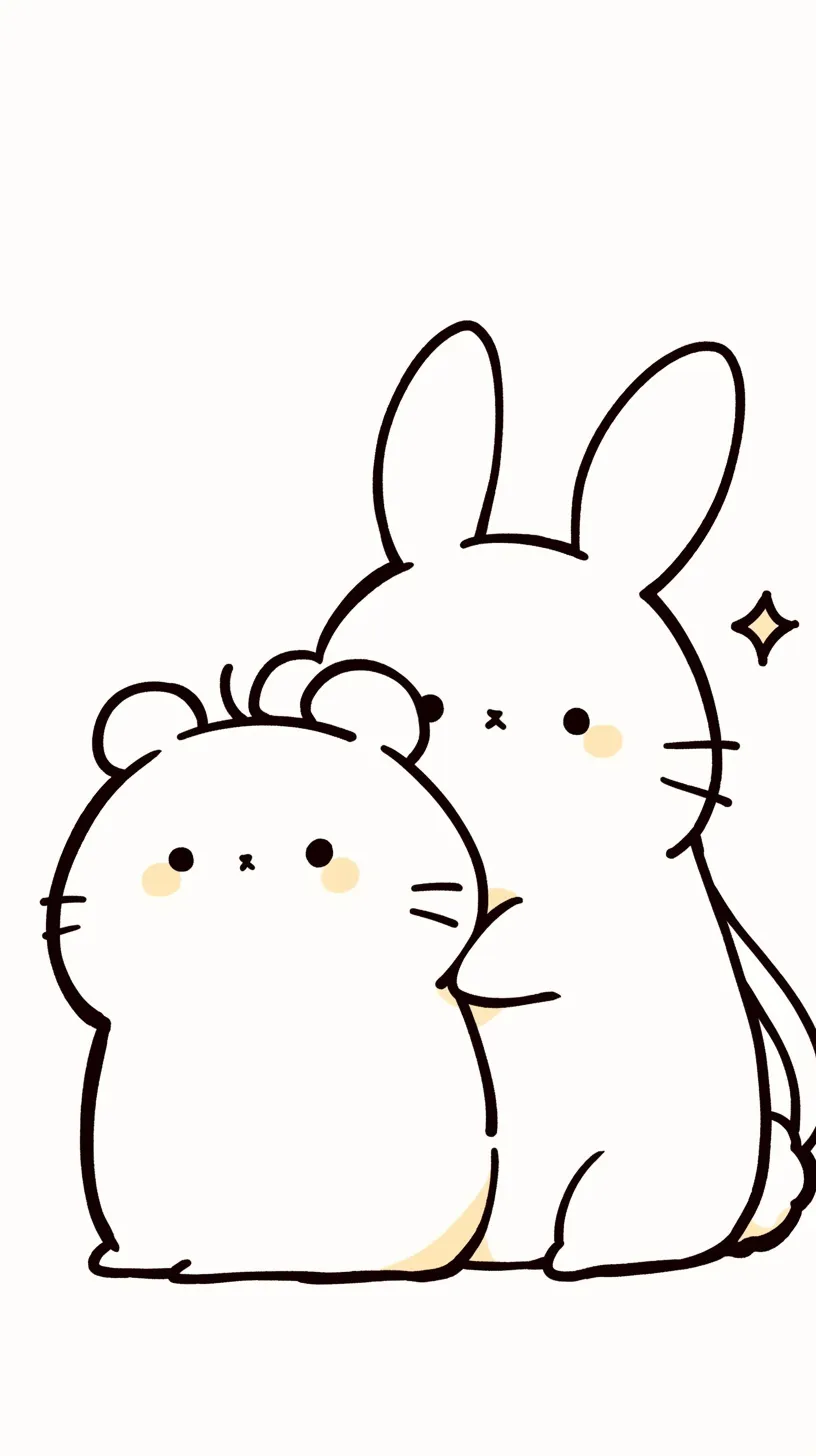 ペア画 壁紙 ウサギとネズミの絆｜ウサギと小さなネズミが寄り添い、シンプルで柔らかな線で描かれた壁紙。背景の余白が絆を際立たせ、ペア画として並べることで支え合う優しい関係性を表現しています。