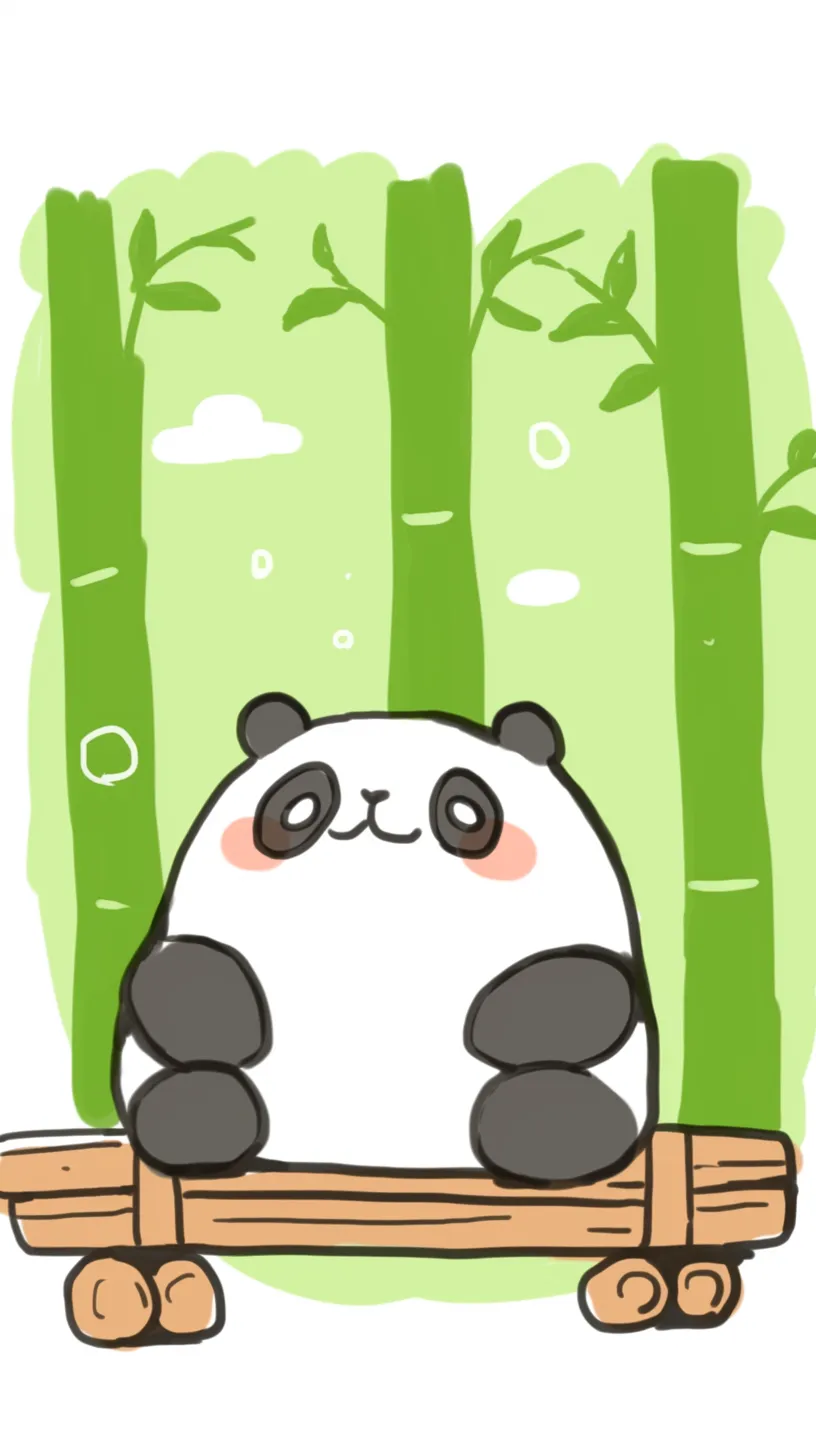 かわいいパンダ壁紙竹林調｜竹林を背景にしたかわいいパンダの壁紙。太い線で描かれた竹とゆるやかな色合いの調和が、穏やかで自然な世界観を表現している。