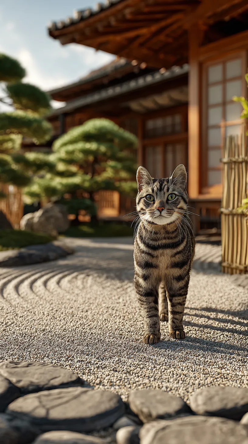 かわいい動物壁紙 日本庭園猫｜日本庭園の砂紋を背景に立つトラ柄猫を描いたかわいい動物壁紙。木造建築や植栽の調和と猫の真っ直ぐな視線が合わさり、静と動が響き合う和風の世界観が感じられる仕上がり。