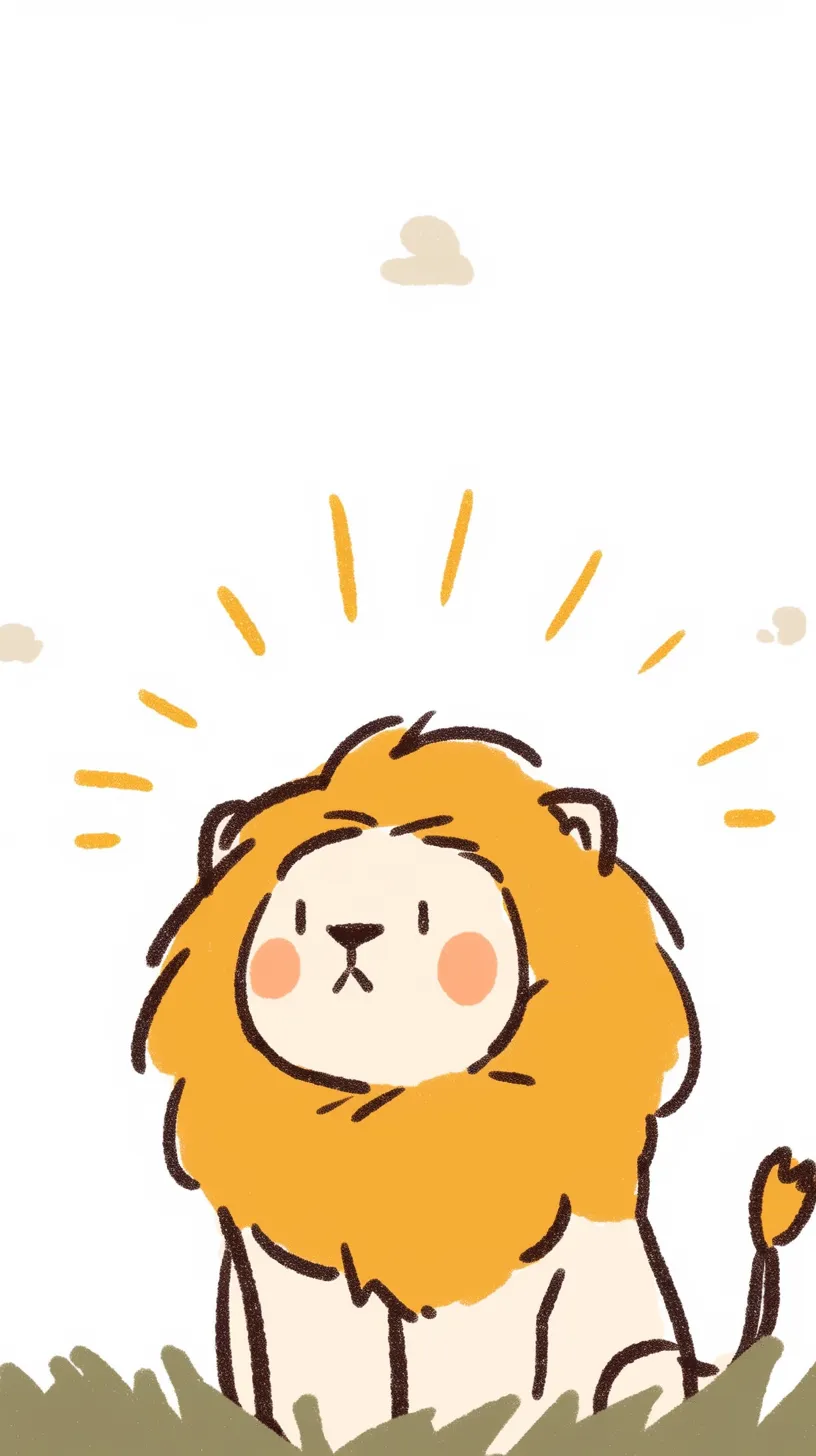 ライオン壁紙かわいい風｜ふんわりとしたタッチで描かれたライオンが印象的な壁紙。丸みを帯びたフォルムと頬の赤みが柔らかさを強調し、背景の余白が愛らしい存在感を際立たせている。