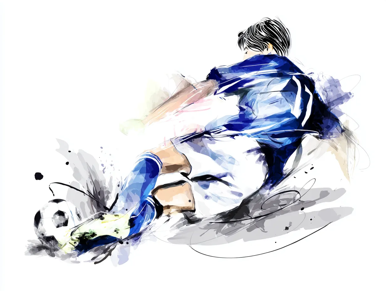 水彩ブルーのスライディングサッカー｜勢いよくスライディングする選手を描いた作品で、水彩ブルーの鮮やかな流れがスピード感と躍動を引き立てています。エッジの効いたタッチがプレーの迫力を表現。
