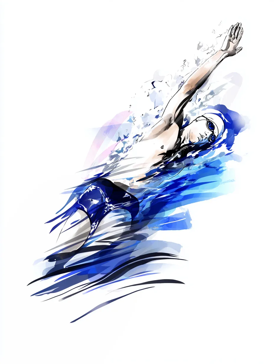 水彩ブルーの背泳ぎスイマー｜ダイナミックに水をかき分ける背泳ぎの瞬間を、水彩ブルーの色彩で描いた一枚。透明感のある水の表現と流れる筆致がスピード感と軽快さを与える。