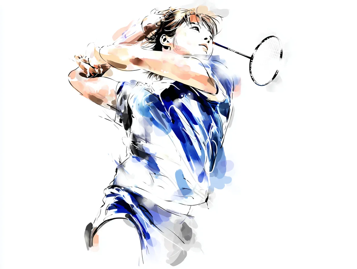 水彩ブルーのバドミントン選手｜瑞々しい水彩タッチで描かれたバドミントン選手がシャトルを打ち抜く瞬間を切り取った構図。水彩ブルーの色調がスピード感と空気の透明感を際立たせ、ダイナミックな動きを美しく強調しています。