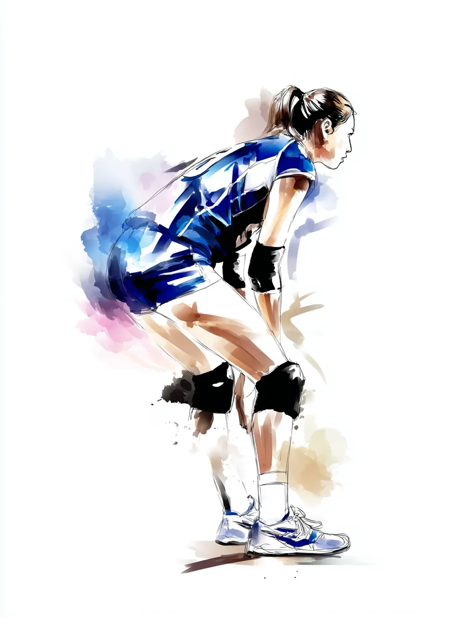 水彩ブルーのバレーボール選手（待機）｜静かな集中力を表現したバレーボール選手の待機ポーズ。水彩ブルーのウェアが印象的に映え、背景の淡い色彩が競技前の張り詰めた空気を繊細に描写しています。