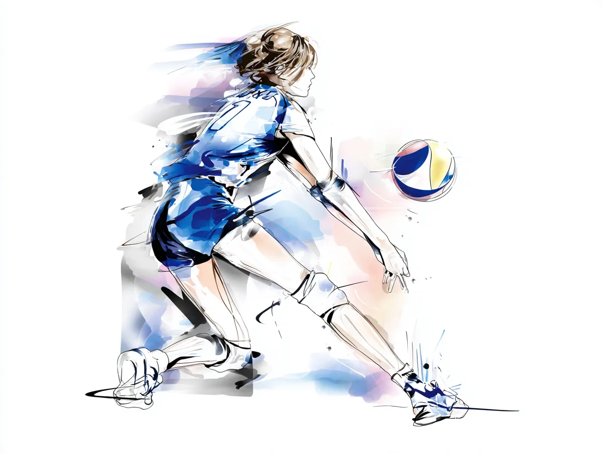 水彩ブルーのバレーボール選手（レシーブ）｜レシーブ動作に入る瞬間のバレーボール選手を描いたイラスト。水彩ブルーの表現が選手の躍動感と臨場感を鮮やかに表現し、流れるような筆のタッチが緊迫の一瞬を捉えています。