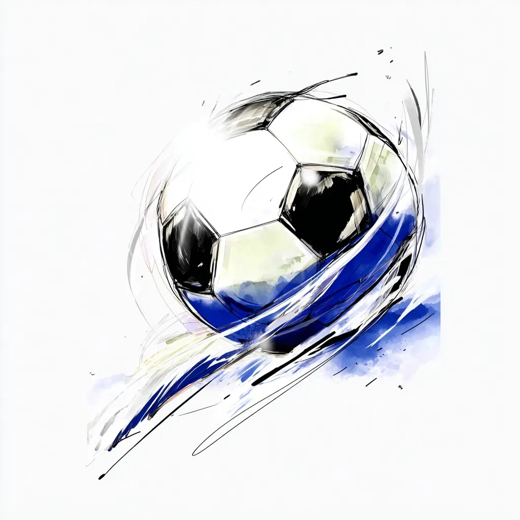 水彩ブルーのサッカーボール｜ボールが弧を描いて飛ぶ様子を、水彩ブルーのストロークでダイナミックに描写。躍動感あふれる色使いと透明感が見る者に爽快な印象を与えます。