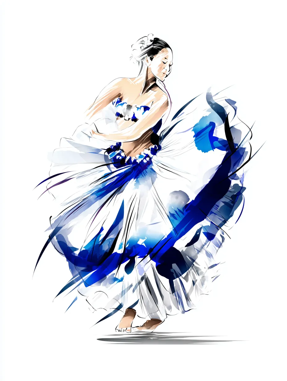水彩ブルーのフラダンサー（回転）｜回転の一瞬を捉えたフラダンサーが舞う様子を、水彩ブルーのスカートの流れでダイナミックに表現。筆致の流れと透明感が風のような軽やかさを感じさせます。