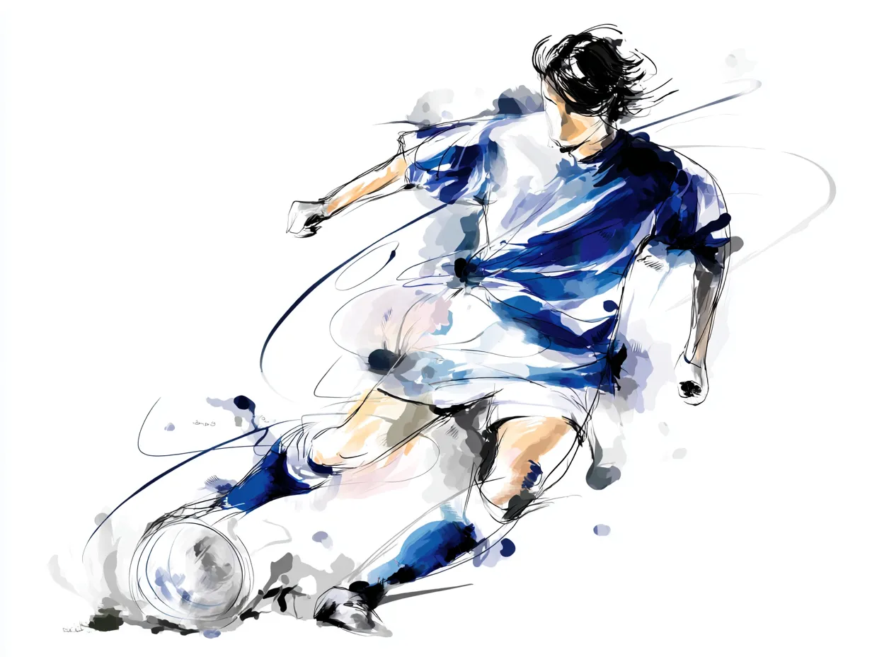 水彩ブルーのサッカーシュートA｜プレイヤーの振り抜く脚が描くラインに水彩ブルーのグラデーションが広がり、シュートの瞬間の緊張感と疾走感が美しく融合しています。