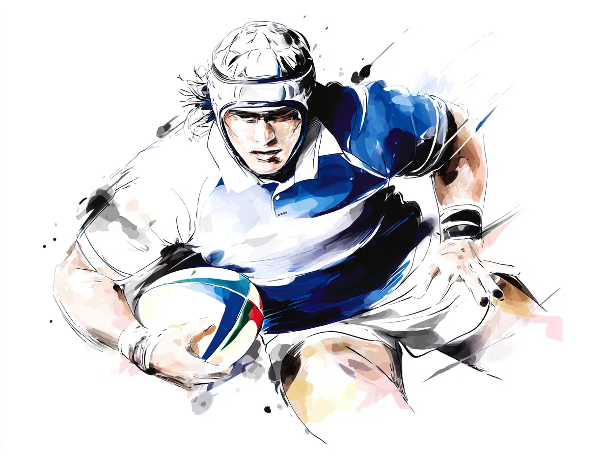 水彩ブルーのラグビー選手２｜タックルをかわし突き進む様子を描いた水彩ブルーのラグビー選手。陰影のある描写と鮮やかな青が緊張感を際立たせ、試合の熱気を視覚的に伝えます。
