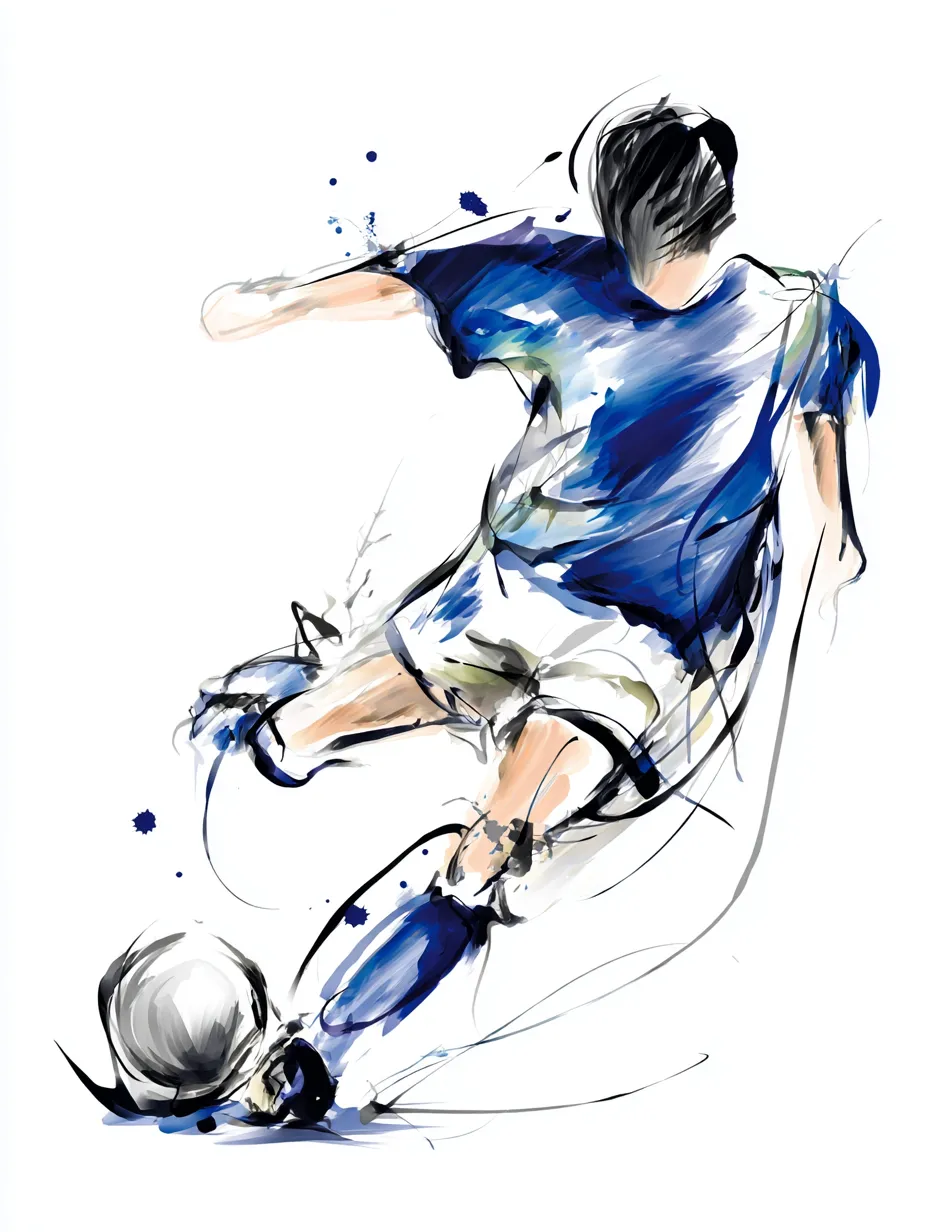 水彩ブルーのサッカーシュートB｜背中越しのアングルから描かれた構図により、観る者をフィールドに引き込むような臨場感を演出。水彩ブルーの色調が情熱と爽やかさを同時に表現します。