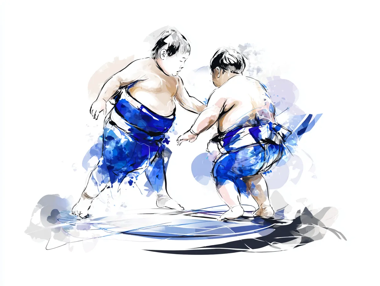 水彩ブルーのこども相撲|淡くにじむ水彩タッチで描かれたこども相撲のシーン。柔らかい筆致が子どもたちの無邪気さや温かみを引き立て、和やかでほほえましい雰囲気を醸し出しています。