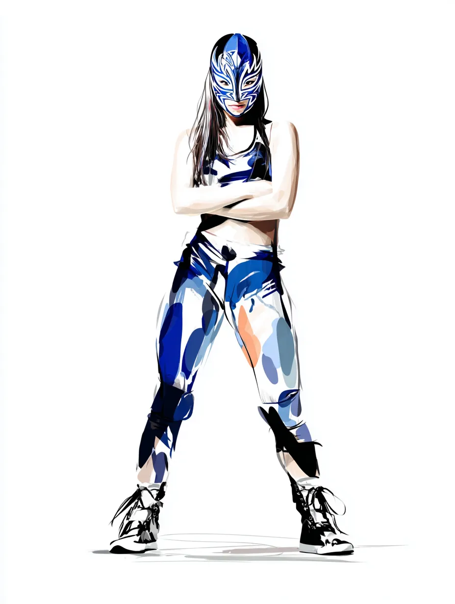 水彩ブルーの女子プロレス選手｜マスクをつけて堂々と立つ姿が印象的な女性レスラー。水彩ブルーの迷彩的な彩色が力強さと個性を引き出し、現代的な強さを感じさせます。