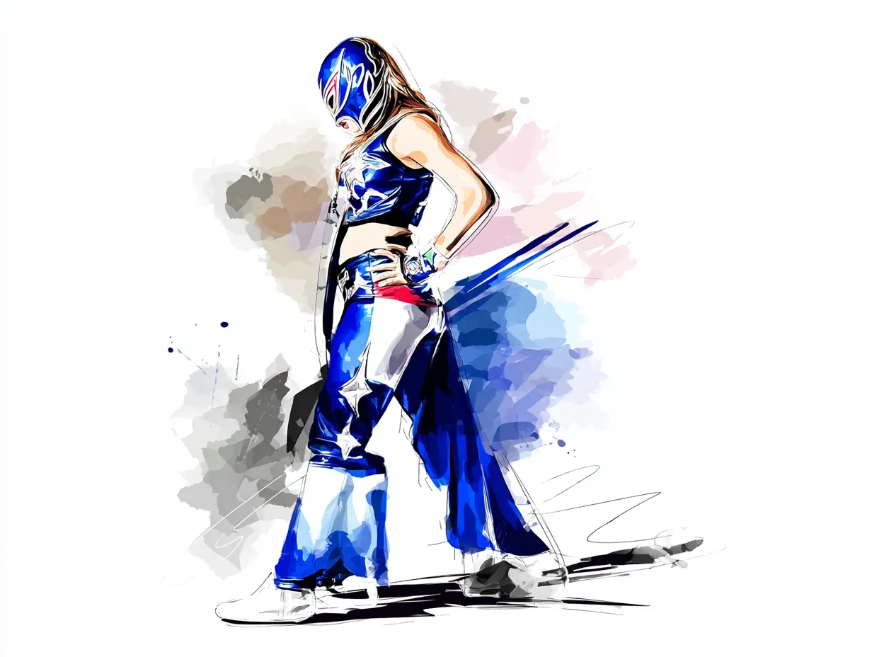 水彩ブルーの女子プロレスラー｜サイドから描かれた女性レスラーのポーズが、流れるような水彩ブルーの背景と調和。鮮やかな色彩がキャラクターの意志と華やかさを際立たせています。