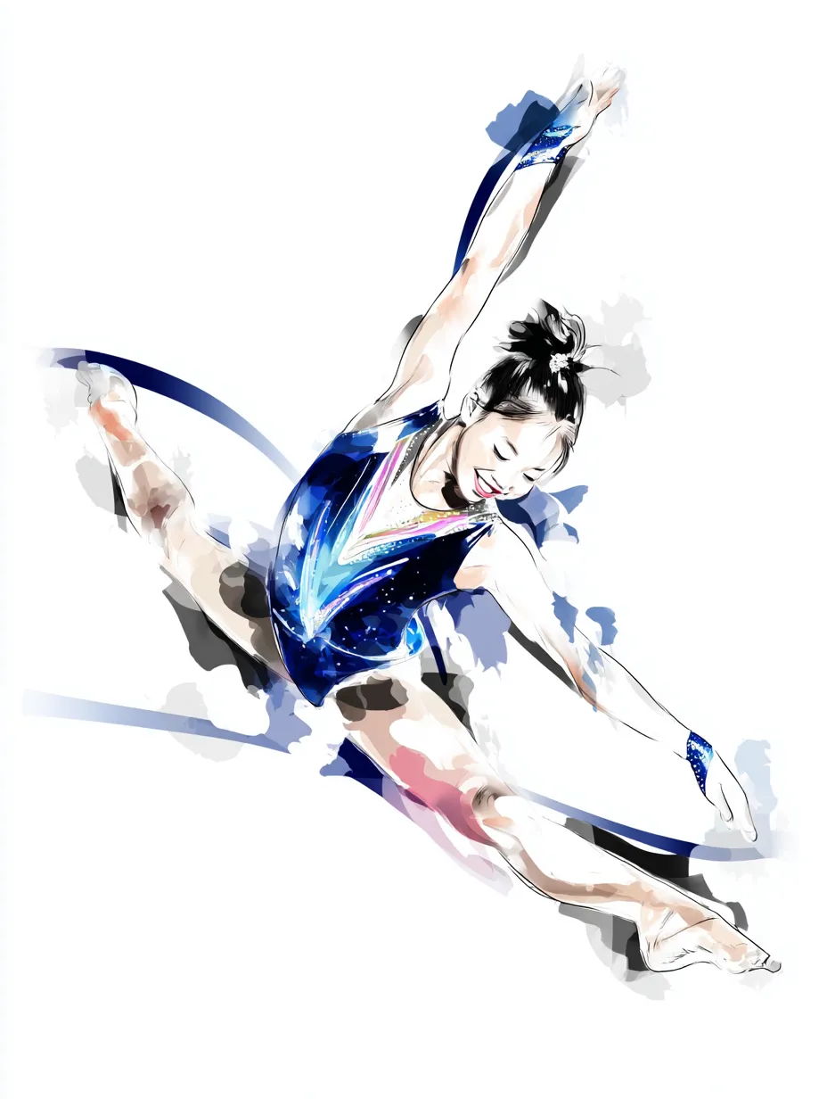 水彩ブルーの体操演技｜ダイナミックなジャンプの瞬間を柔らかく描き、水彩ブルーの衣装が空中の動きを引き立てます。軽やかで美しい流れが感じられる華やかな作品です。