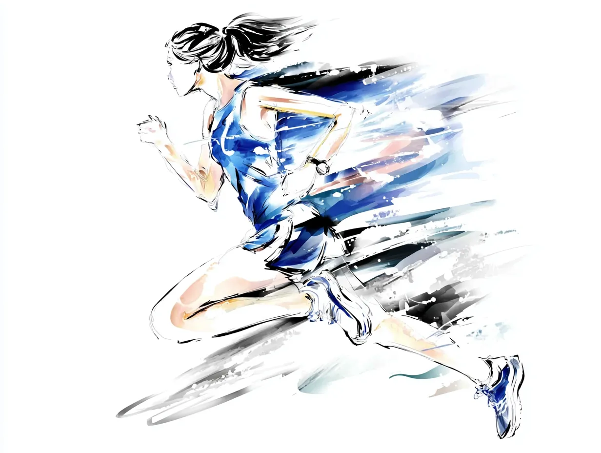 水彩ブルーのマラソンランナー女性｜全身を躍動させた構図と水彩ブルーの筆使いがスピードと情熱を感じさせるイラスト。背景に広がる動きの痕跡が、走りの余韻を鮮やかに演出しています。