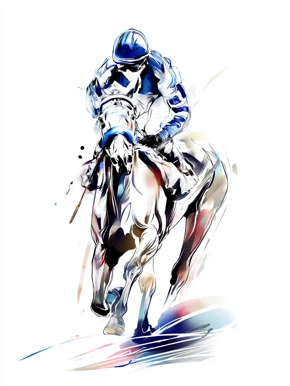 水彩ブルーの競馬ジョッキー正面｜疾走感のある正面構図に水彩ブルーのスピード感が加わり、観る者に迫力を伝える作品。馬とジョッキーの一体感が、力強くも美しい瞬間を描き出しています。