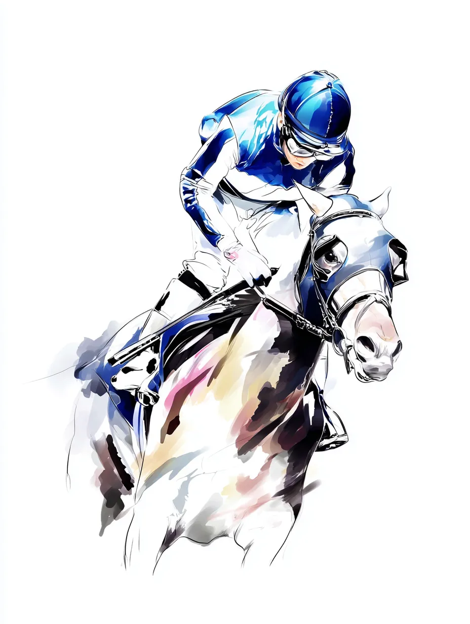 水彩ブルーの競馬騎手と馬の疾走｜前傾姿勢で駆けるジョッキーと馬を、水彩ブルーの鮮烈な彩色で描写。繊細かつスピーディーなラインが、レースの緊張感と爽快さを巧みに伝えます。