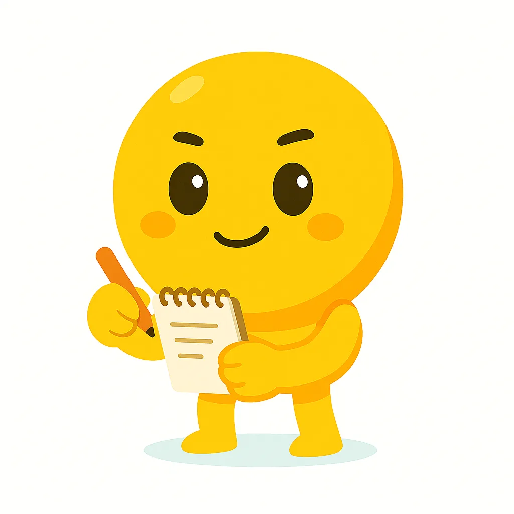 メモ顔文字の黄色キャラ｜しっかりした目つきでメモを取る表情が印象的な顔文字キャラ。φ(．．)のような顔文字を再現し、φ(．． )っ📒というASCIIアートの印象を優しく描いた設計。