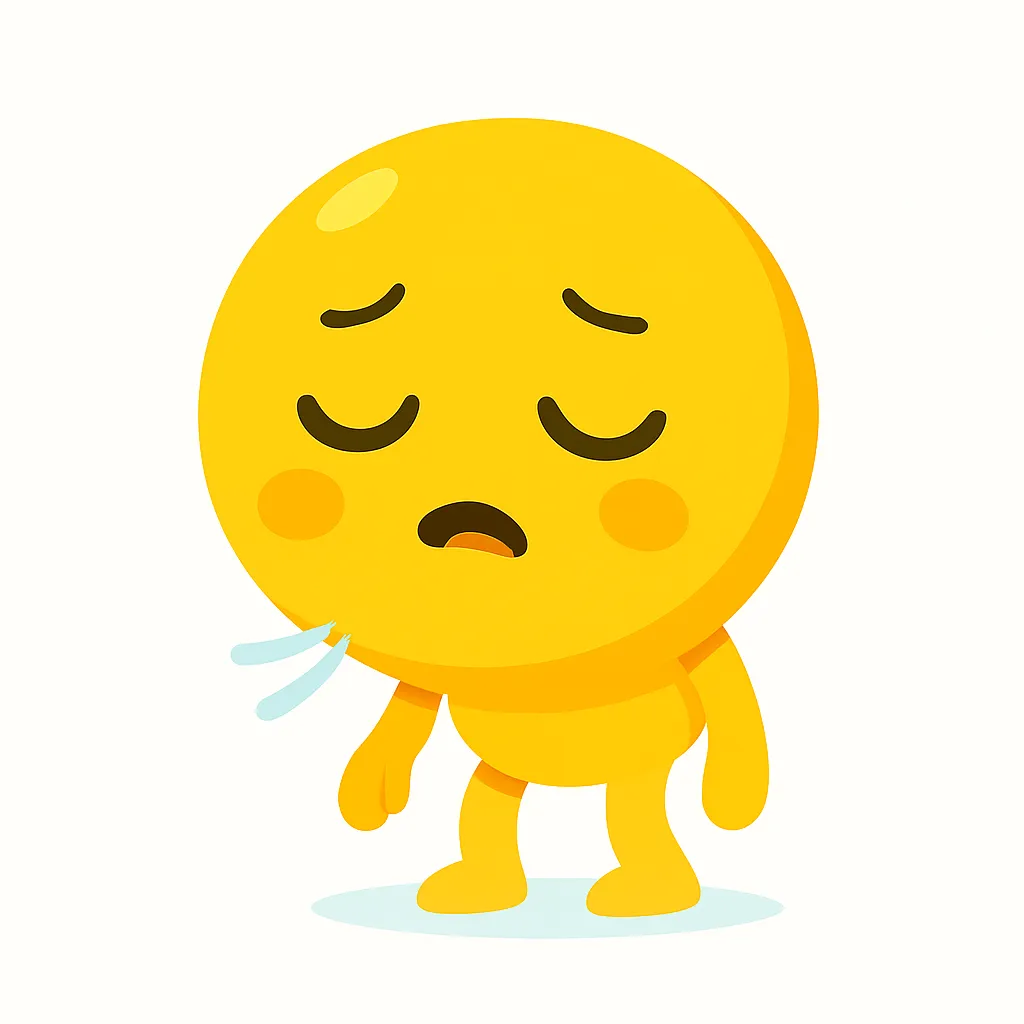 眠い顔文字の黄色キャラ｜うとうとした目と息を吐くポーズで、眠い顔文字を表現したキャラ。(-_-)zzzや(´ぅω・｀)に似た雰囲気で、疲れや眠気を柔らかく伝える落ち着いたデザイン。