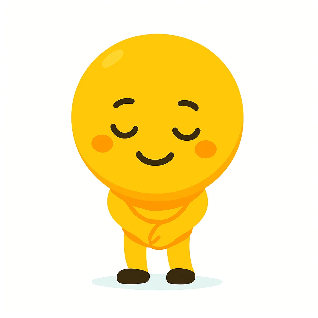 ありがとう顔文字のおじぎキャラ｜目を閉じて静かにおじぎする「顔文字」m(_ _)mのキャラ。黄色い体と丸いシルエットがやさしい印象を与え、礼儀正しさと感謝の気持ちを柔らかく伝えます。