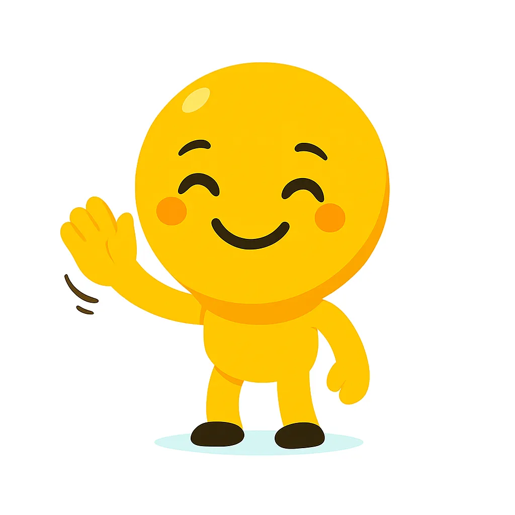 バイバイ顔文字のさようならキャラ｜手を振る「顔文字」(^-^)/のキャラが明るく別れを告げる場面。にこやかな表情とやわらかな配色で、楽しく親しみやすいバイバイの雰囲気を描いています。
