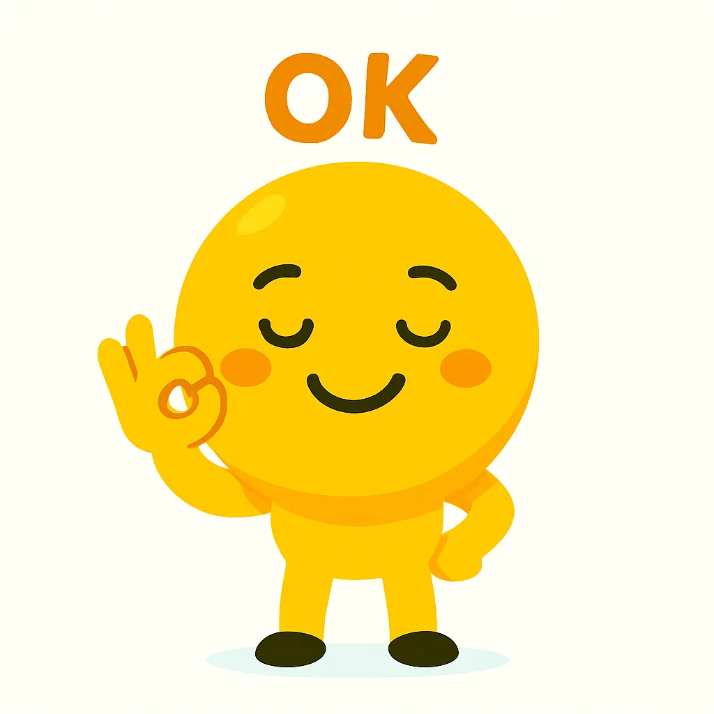 了解顔文字のOKサインキャラ｜目を閉じてうなずく「顔文字」(￣▽￣)bのキャラがOKポーズ。柔らかい線と落ち着いた立ち姿が、納得と安心感のある了解の表現を生み出しています。