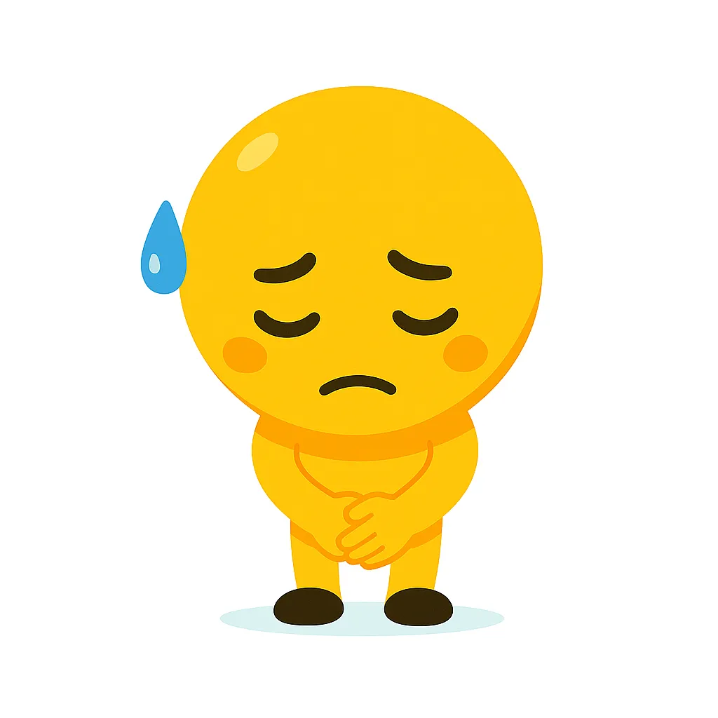 謝る顔文字の反省キャラ｜汗をかいてしょんぼりした「顔文字」（；´д｀）のキャラが謝るシーン。顔を下げて手を合わせる姿が、申し訳ない気持ちを伝える柔らかいデザインです。
