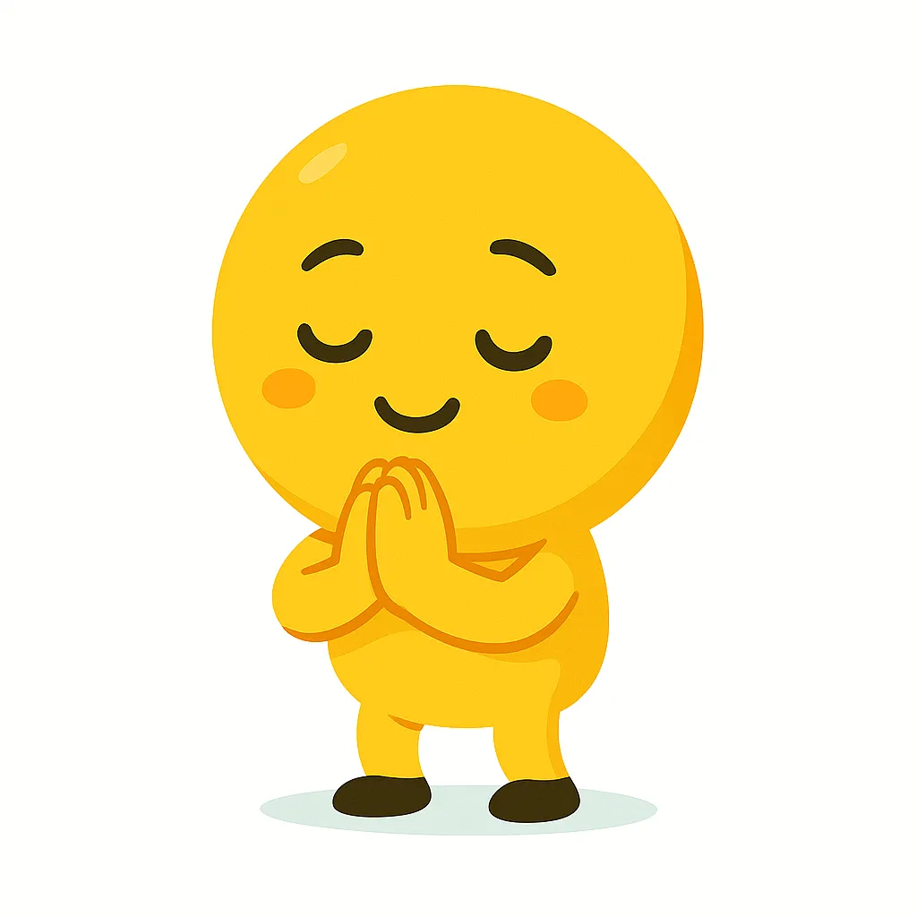 祈る顔文字のお願いキャラ｜手を合わせて祈る「顔文字」(*-ω-)のキャラ。目を閉じて心を込めた祈りのシーンが、真摯で温かみのあるデザインで伝わります。