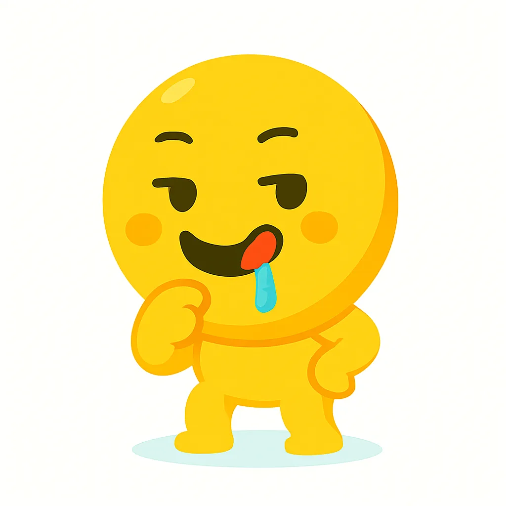 じゅるり顔文字の美味しそうなキャラ｜「顔文字」(ﾟ￢ﾟ)が美味しそうに舌を出しているシーン。食欲をそそる表情と、つるりとした感じが食べ物への期待感を演出しています。