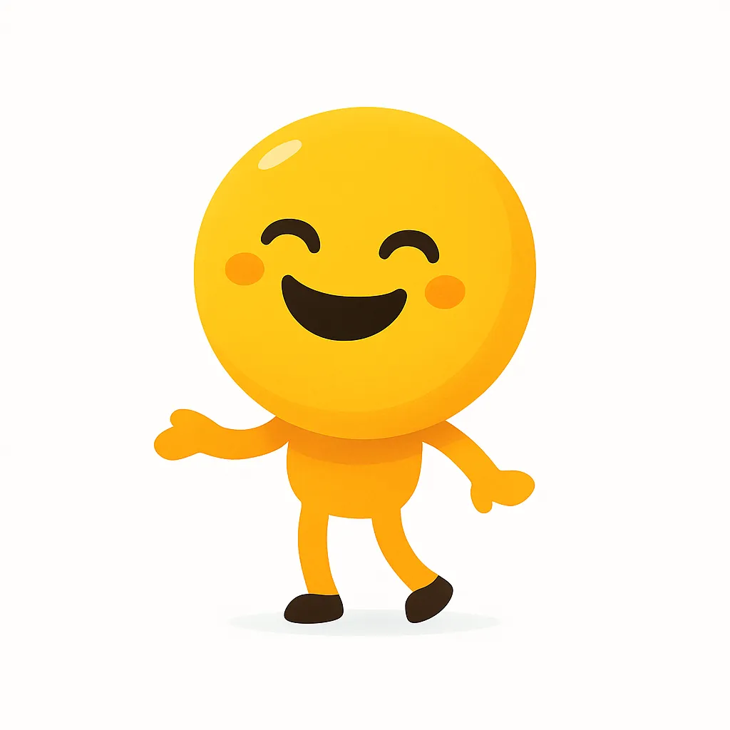 笑う顔文字（＾▽＾）｜明るく元気いっぱいの笑う顔文字（＾▽＾）をモチーフにしたポップなキャラクター。シンプルな色面と丸いシルエットで、誰にでも親しみやすい雰囲気。　ヽ(＾▽＾)ノ