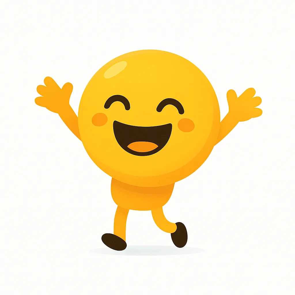 うれしい顔文字（＾∇＾）｜両手を大きく広げて跳ねるようなうれしい顔文字（＾∇＾）のキャラ。まん丸の顔と元気な動きが、喜びの気持ちを視覚的に伝えてくれる。　＼(^∇^)／
