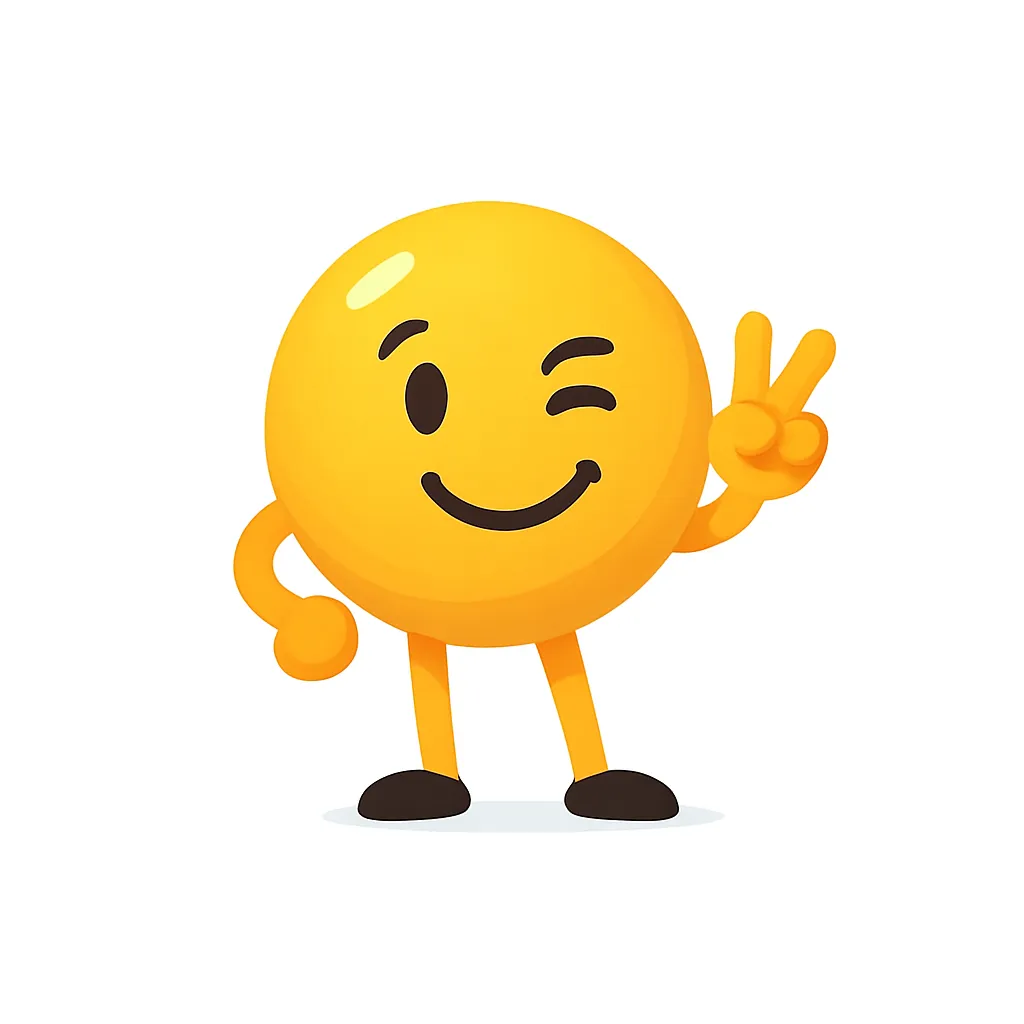 ウインク顔文字(＾ｰ^)｜やや斜め顔と片目をつむった表情が印象的なウインクキャラ。黄の質感に合わせた滑らかでかわいい丸型デザインが魅力。明るく親しみのある雰囲気に。