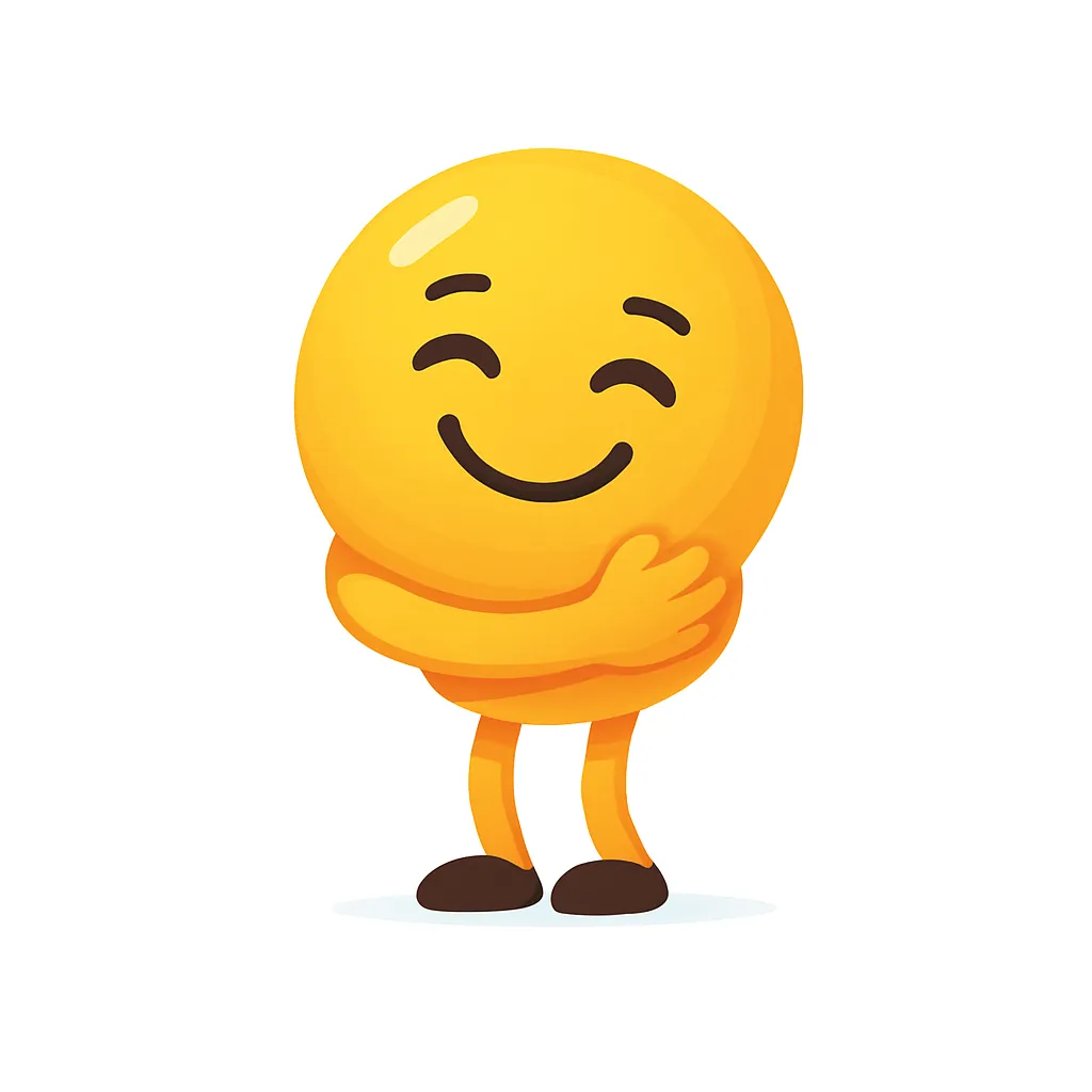 ぎゅー顔文字(*´∀｀*)｜両腕をそっと胸にあてるぎゅーのポーズ。穏やかで包容力のある表情が、安心感や癒しの演出に最適。やさしい黄色と表情のバランスも秀逸。