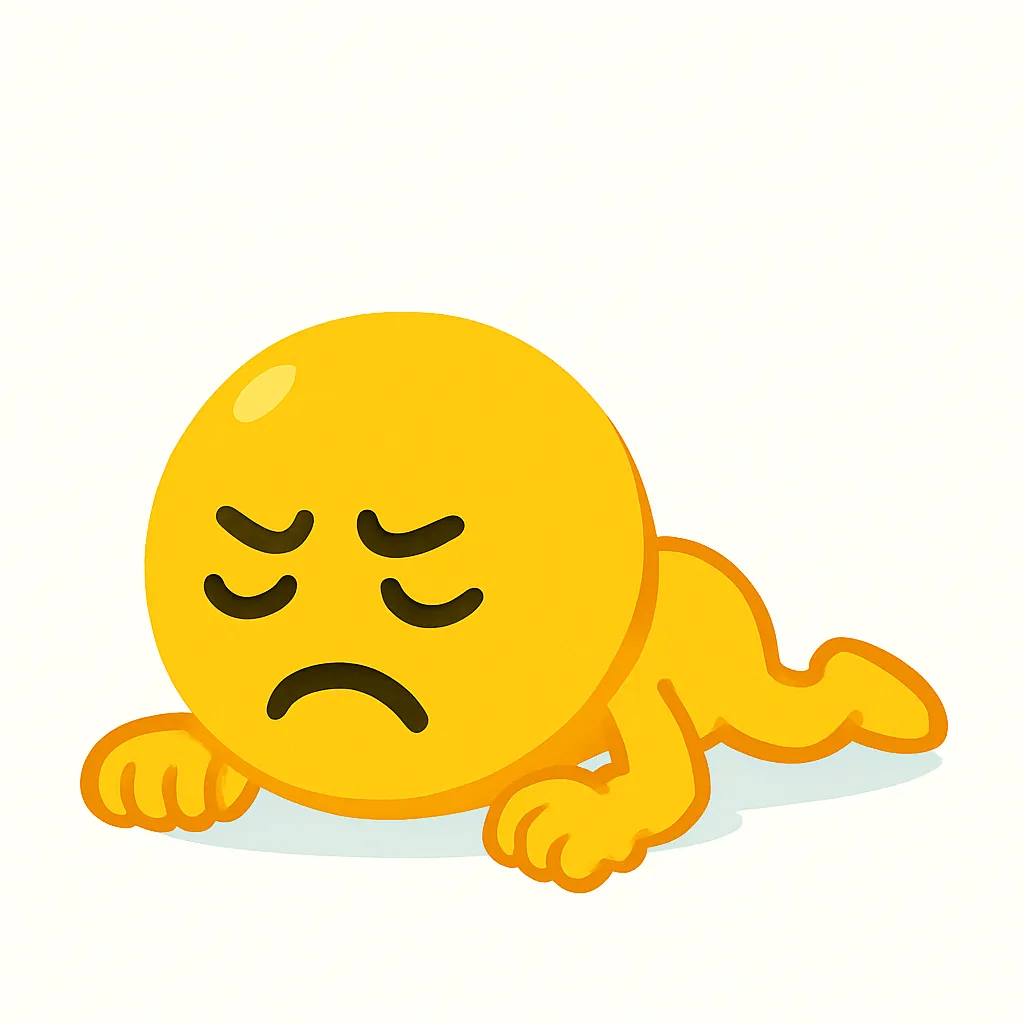 倒れる顔文字(×_×)｜つやのある黄色いキャラが地面に倒れこんだ倒れる顔文字(×_×)の姿をデフォルメで表現。手足をつけた丸顔に重みを持たせ、無表情な伏し目で力尽きた様子を印象づけている。