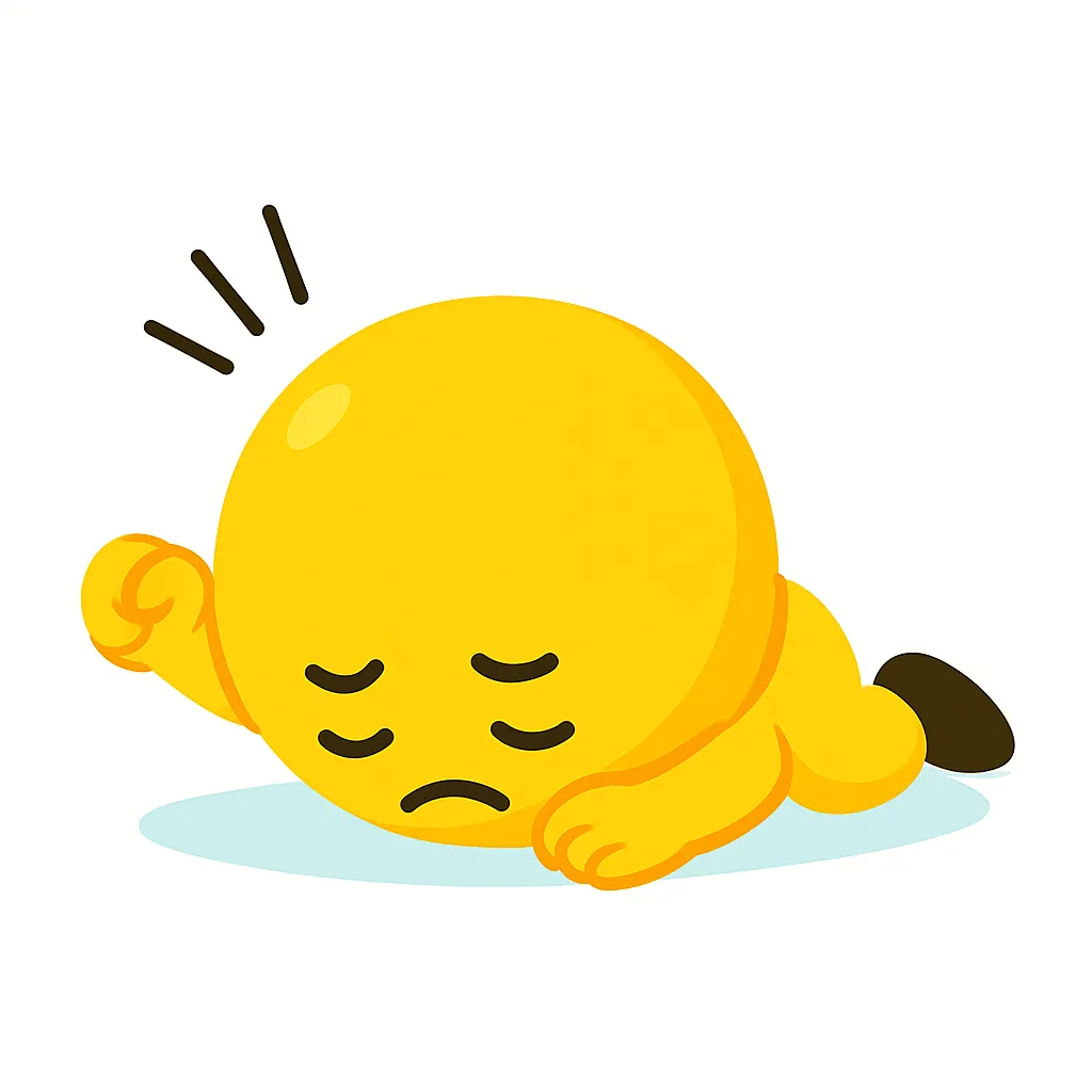 ズコー顔文字(；´Д｀)｜片手を床に突いてうつ伏せになるズコー顔文字(；´Д｀)の瞬間を可愛く演出。太めの四肢とゆるやかな曲線が、脱力感とギャグ的テンション落差を表している。