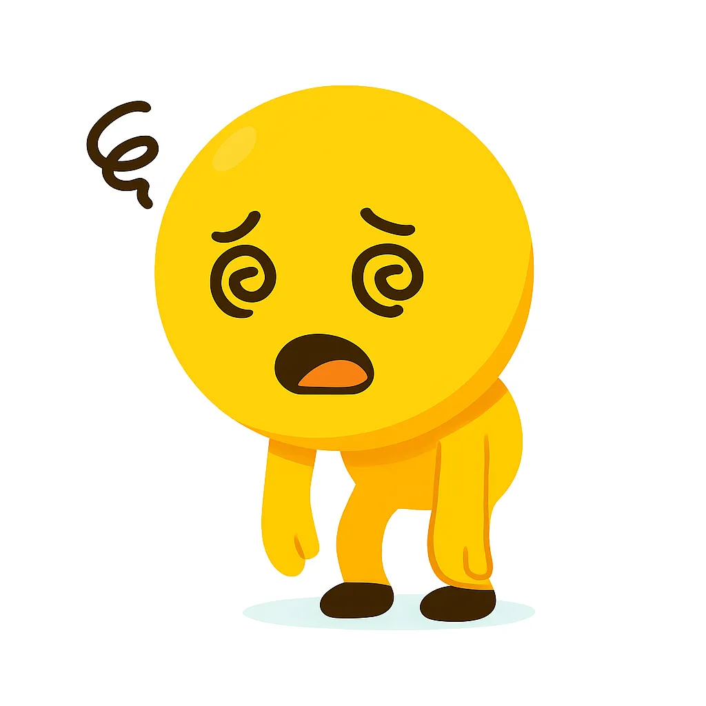 ぐったり顔文字(＠_＠;)｜立っているが目がぐるぐるしたぐったり顔文字(＠_＠;)のポーズ。気力を失った体勢と渦巻き目が、疲労や混乱を視覚的にわかりやすく示している。
