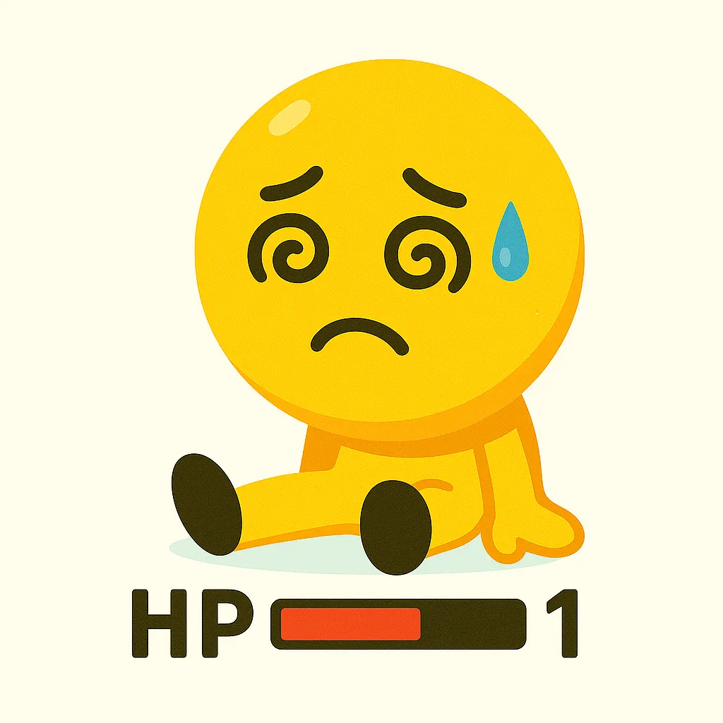 死にかけ顔文字(T_T)｜地面に座り込み、目が回った死にかけ顔文字(T_T)をHP1のゲージと共にデフォルメ。虚ろな顔に青い汗マークを添えて、ギリギリ感をゲーム風に楽しく描いている。