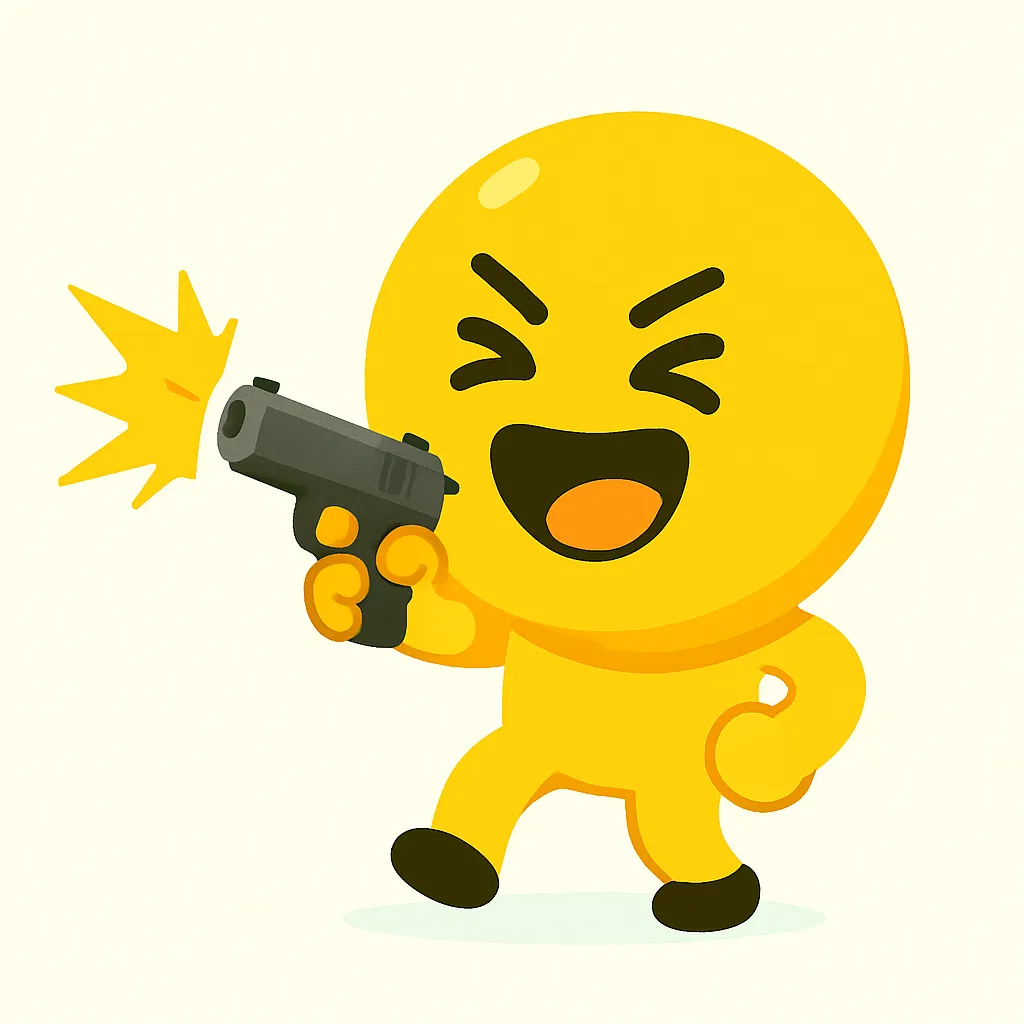バンバン顔文字(≧∀≦)｜満面の笑顔で拳銃を撃つバンバン顔文字(≧∀≦)をデフォルメ表現。エンタメ感のある表情と構えが、軽快でゲーム的なシューティングの雰囲気を印象づけます。