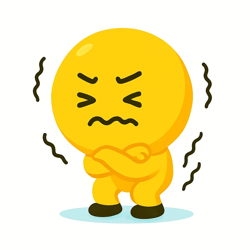 震える顔文字(((；ﾟДﾟ)))｜腕を抱え体をすくめている震える顔文字(((；ﾟДﾟ)))をシンプルに表現。ぐにゃっとした揺れ線としかめ顔が、恐怖や寒さをかわいらしく可視化しています。