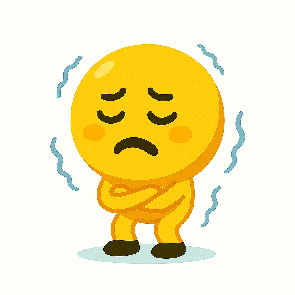 寒い顔文字((+_+))｜腕を組んで体を縮こませる寒い顔文字((+_+))を表現。頬の赤みとゆれるラインが寒さを直感的に伝え、シンプルな色使いで冬の冷たさが可愛く伝わります。