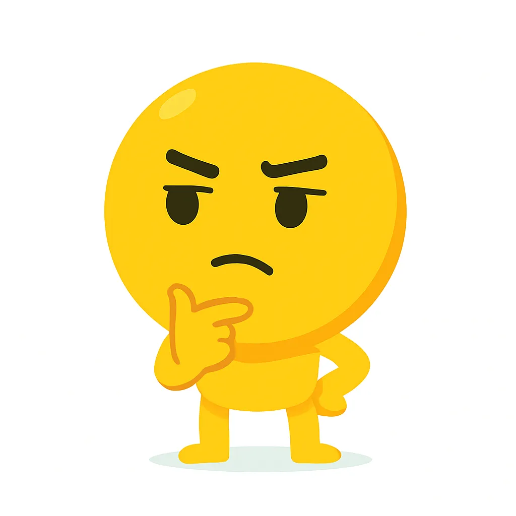 考える顔文字(￣ー￣)｜腕組みポーズに加え、への字口と眉の角度で考える顔文字(￣ー￣)を印象的に表現。小さなジェスチャーが集中した思考の瞬間を愛嬌たっぷりに伝えます。