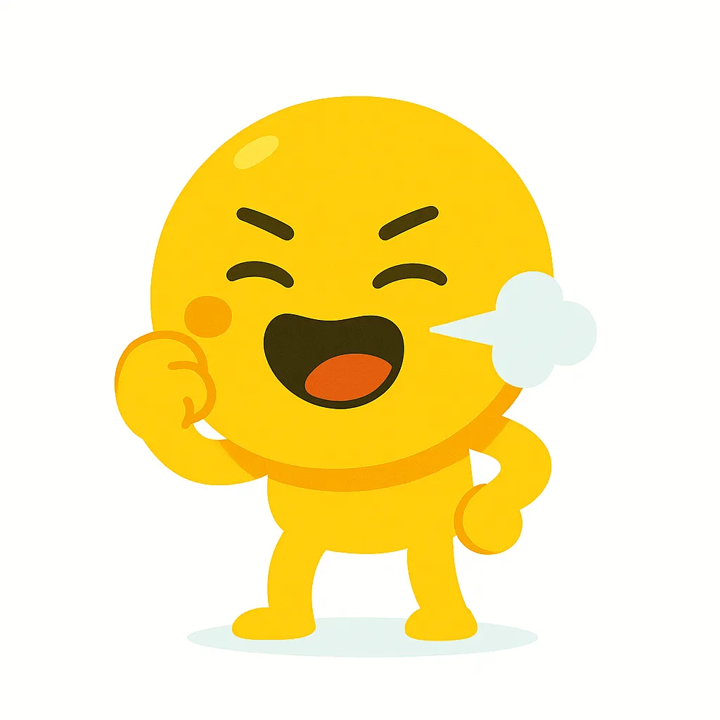 吹き出す顔文字(≧▽≦)｜笑いながら息を吐き出す吹き出す顔文字(≧▽≦)の姿を、ポップなタッチで描写。頬の赤みと勢いあるフキダシが、楽しさと軽快さを感じさせます。