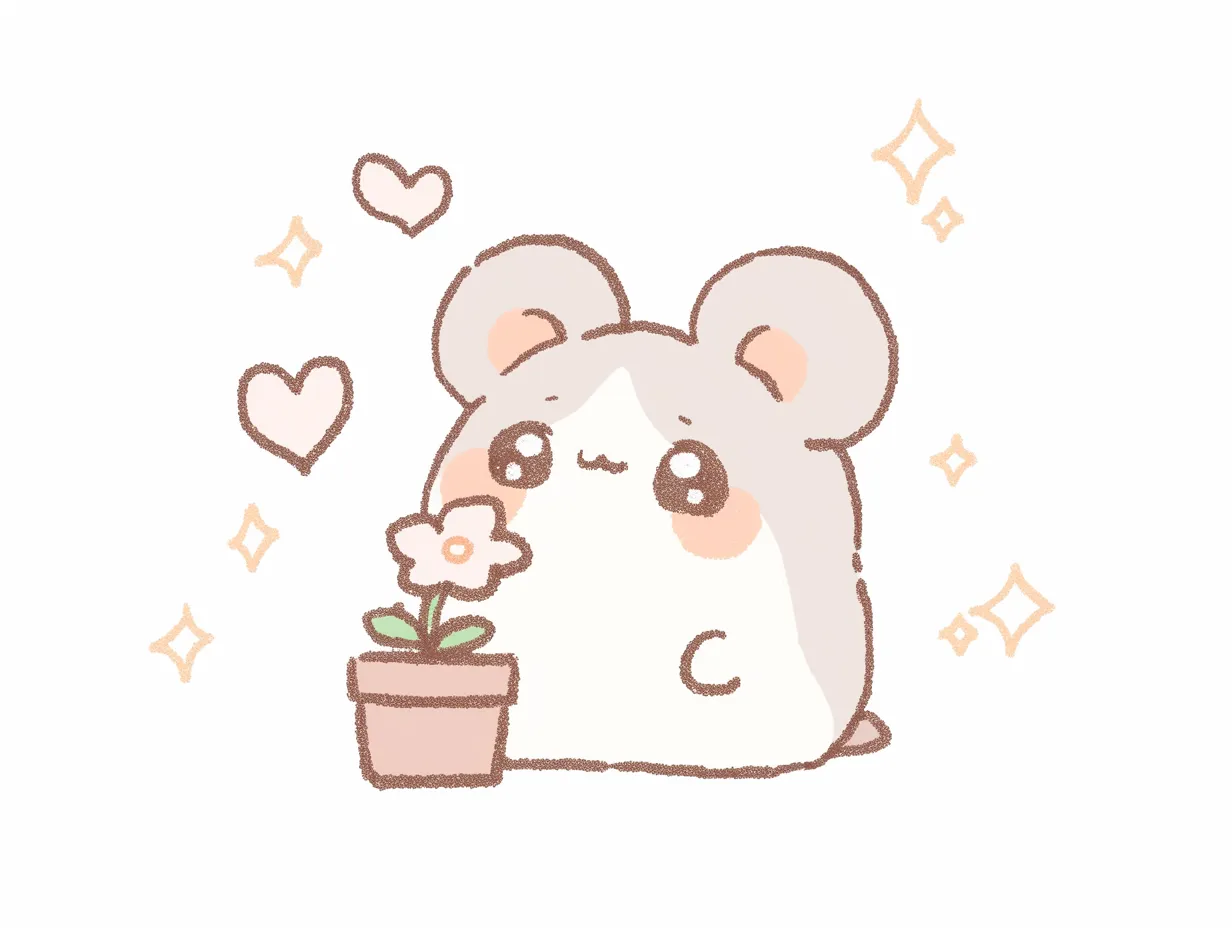 ゆるいかわいいハムスターと花鉢｜やわらかな線で描かれたハムスターが花鉢を見つめる構図は、やさしい雰囲気を演出します。ゆるいかわいいタッチがSNS投稿や広告素材に適しており、親しみやすさを強調できます。
