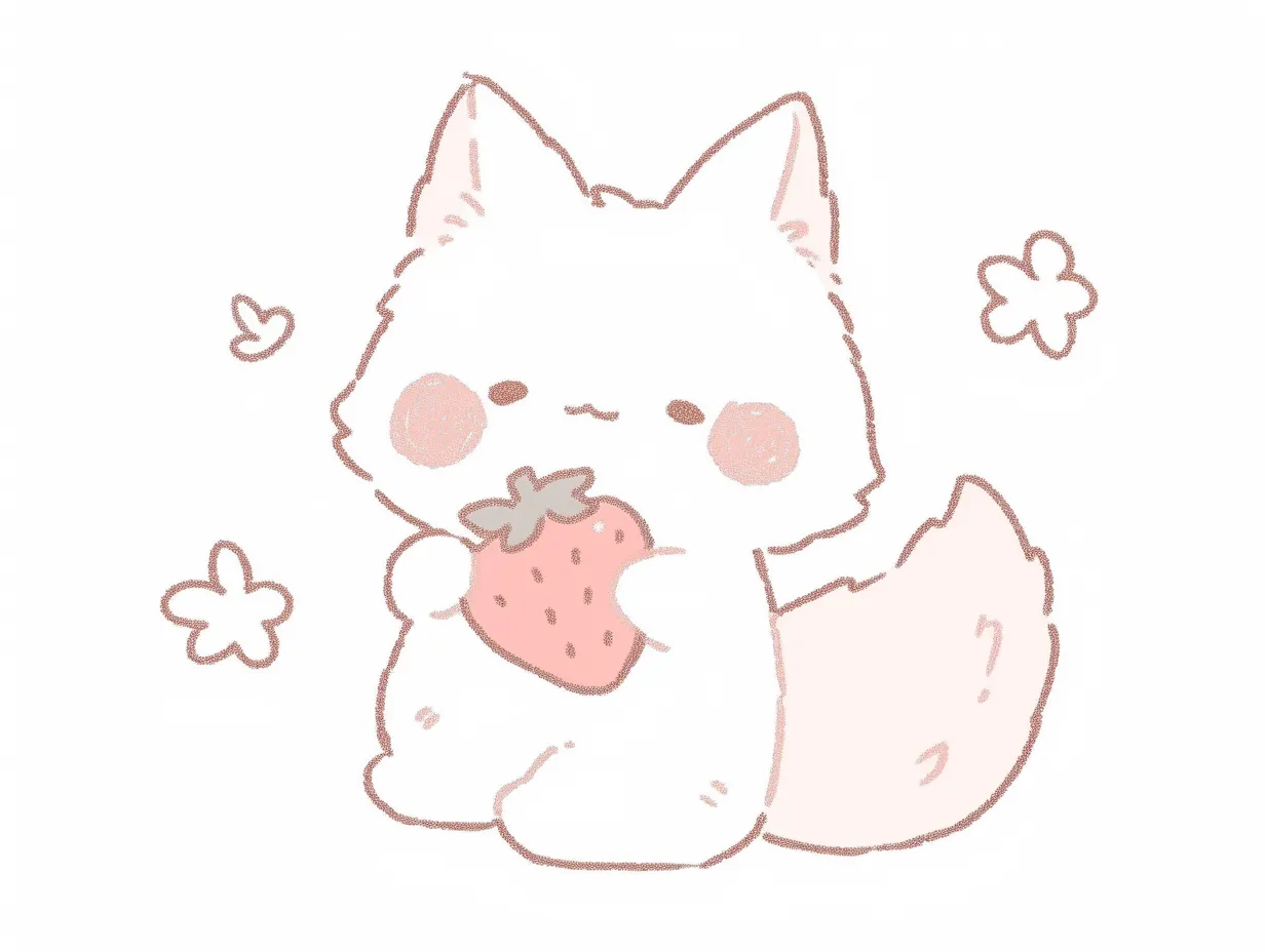ゆるいおしゃれいちごを持つきつね｜いちごを抱えるきつねの愛らしい姿が親近感を与えます。ゆるいおしゃれな雰囲気が、食品関連の広告や子ども向けコンテンツの素材として使いやすいデザインです。