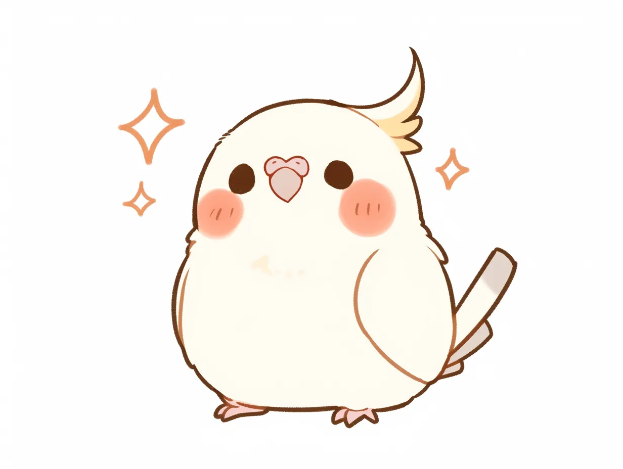 ゆるいインコのキラキラ表現｜頬の赤みときらめきの装飾で可愛らしさを増したデザインです。ゆるいインコの明るく温かい印象は、販促や説明資料に効果的に利用できます。