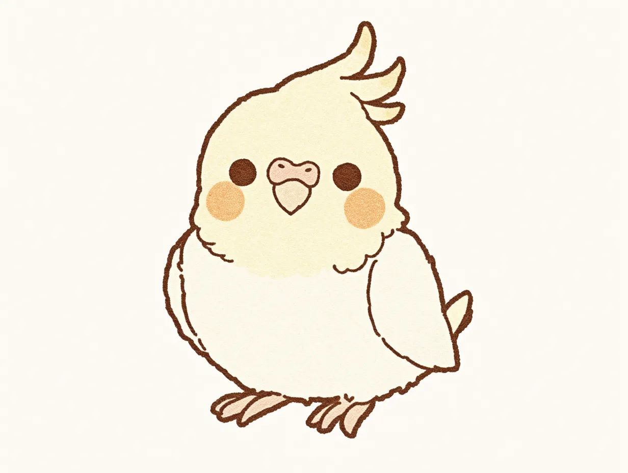 ゆるいインコのやさしいイラスト｜落ち着いた配色とふんわりした質感で描かれ、安心感を強調しています。ゆるいインコの穏やかさが伝わり、広告やパンフレットに優しい雰囲気を添えます。