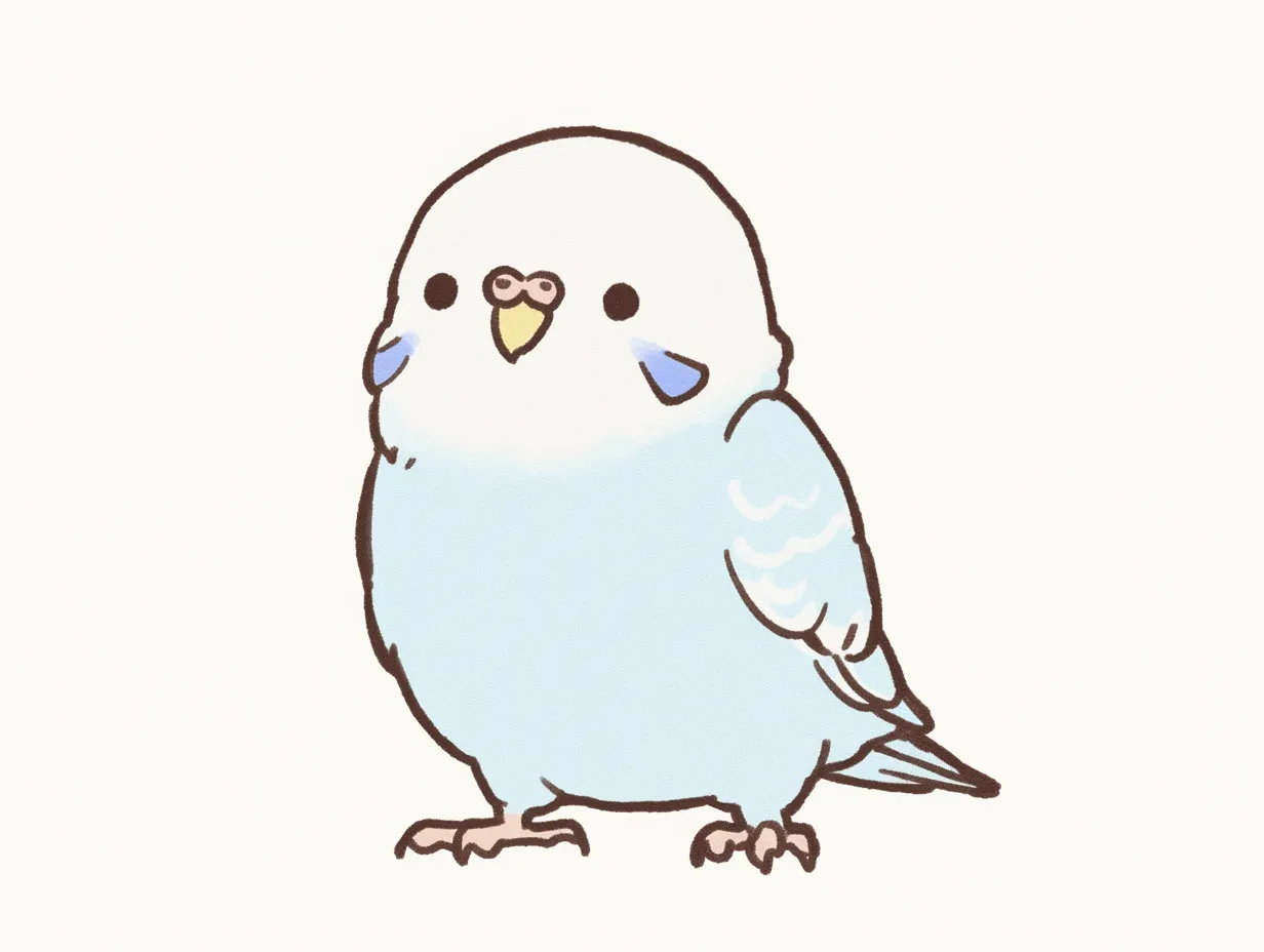 ゆるいセキセイインコのかわいい立ち姿｜柔らかな色合いで描かれたゆるいセキセイインコが立っている姿は、シンプルながらも愛嬌を感じさせます。ビジネス素材として利用すれば、親しみやすさや安心感を与えるデザイン要素として効果的です。