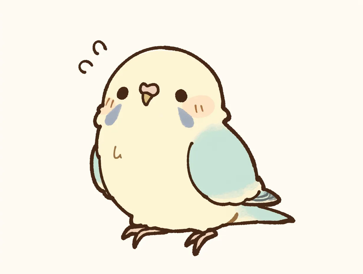 ゆるいセキセイインコの首かしげ｜丸みを帯びたシルエットのゆるいセキセイインコが首をかしげる仕草を見せています。控えめな色彩で表現されたイラストは、説明資料や広告などに柔らかな印象を加えるビジネス写真素材として活用できます。