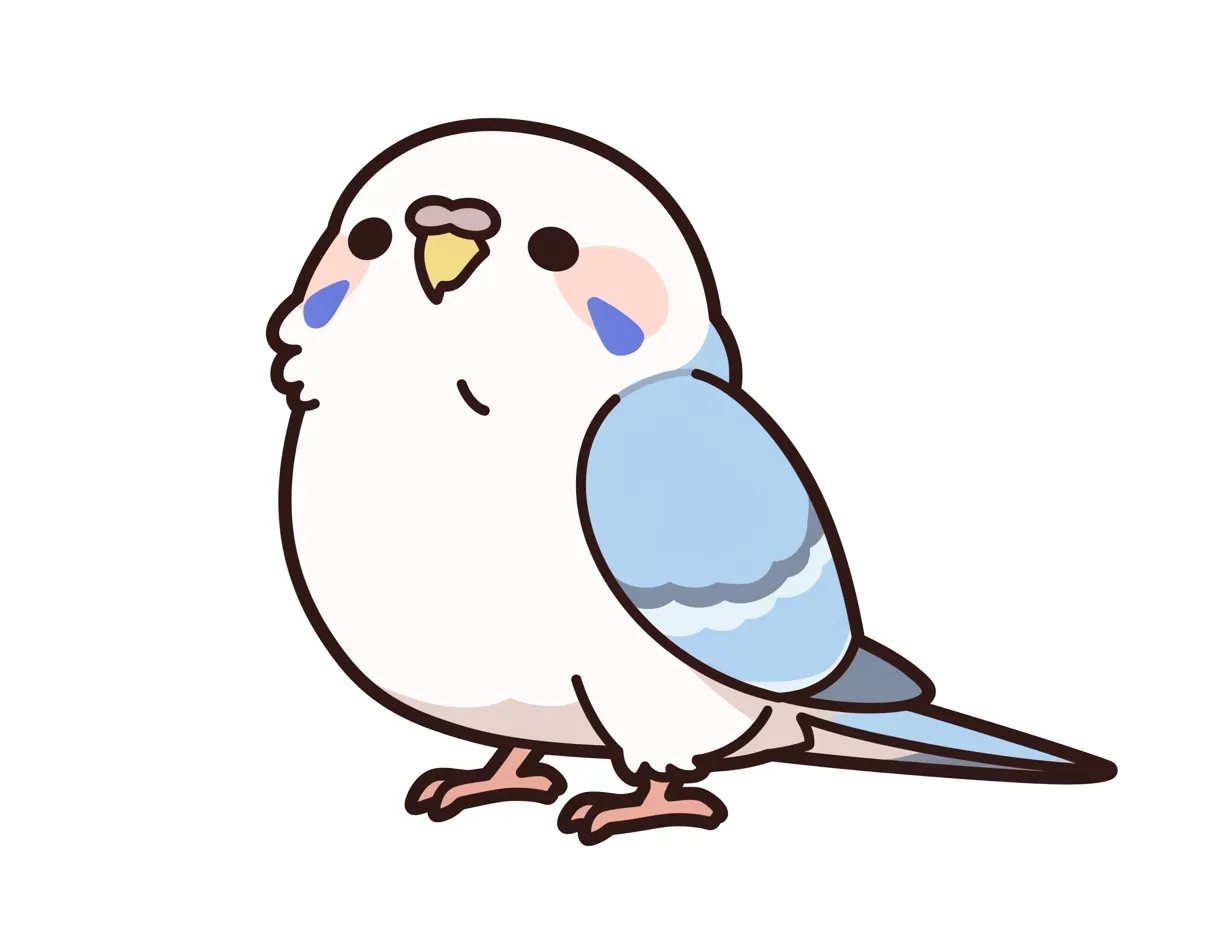 ゆるいセキセイインコの横向きポーズ｜くっきりとした線で表現されたゆるいセキセイインコが横を向いた姿が描かれています。明るいトーンの仕上がりは、教育系や企業の広報物に活用できる安心感のあるビジネス写真素材として適しています。