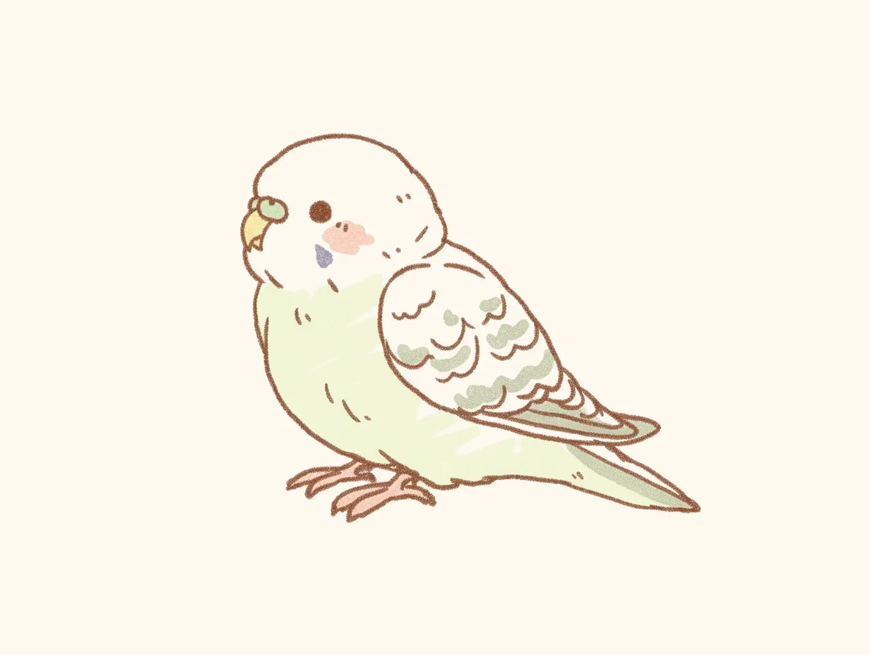 ゆるいセキセイインコの落ち着いた雰囲気｜淡いタッチで描かれたゆるいセキセイインコは、落ち着いた色合いが特徴です。温かみのある雰囲気は、ビジネス用途で親しみや信頼を視覚的に補強する素材として役立ちます。